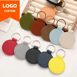 Laser Engrave Name Round PU Leather Keychain Custom Logo Circle Key Chain Holder Company Activity Hotel Number Keyring Gift