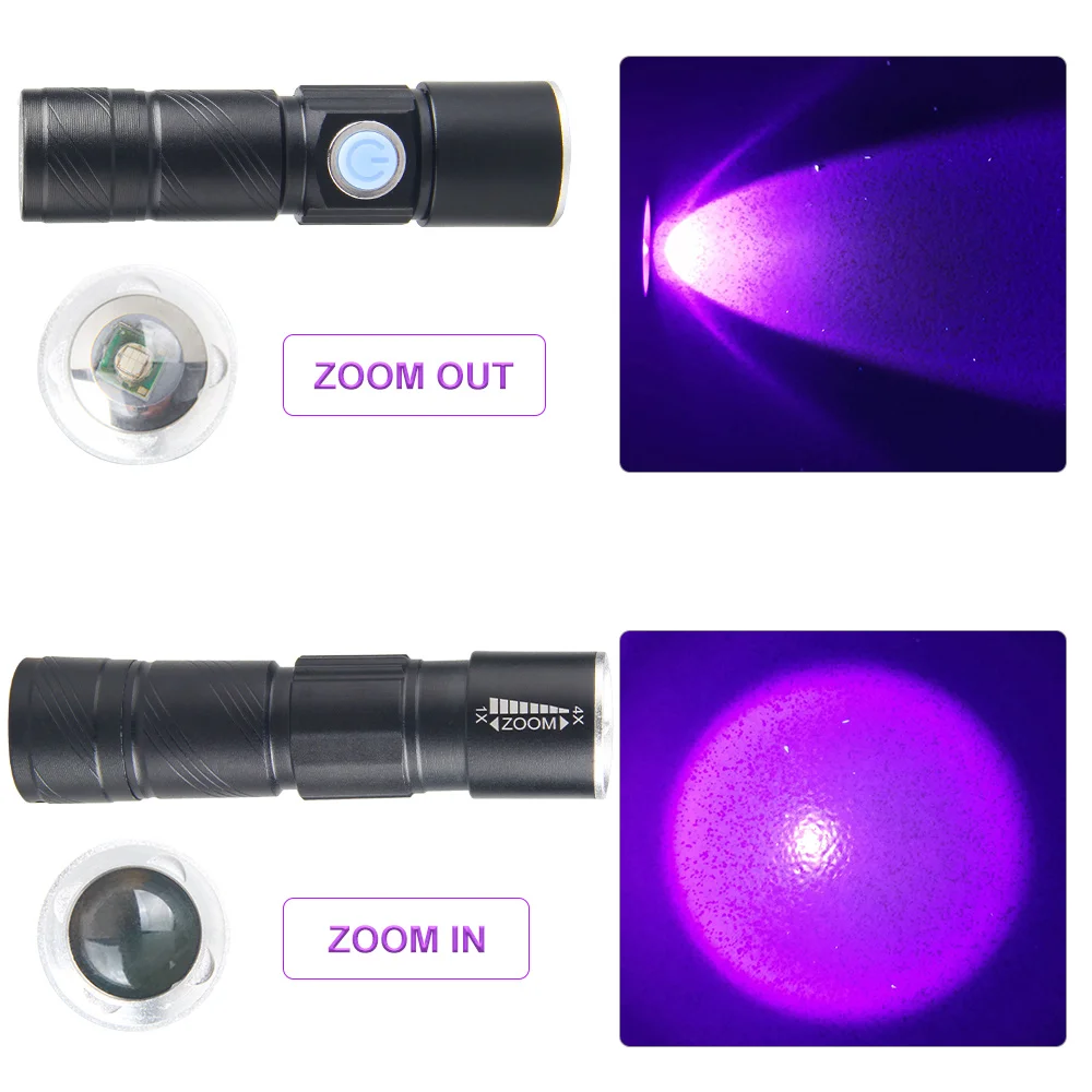 Tocha Ultravioleta Recarregável USB, Poderoso Mini LED Tocha, Telescópico Zoomable Blacklight, Luz UV, 395nm, 3 Modos