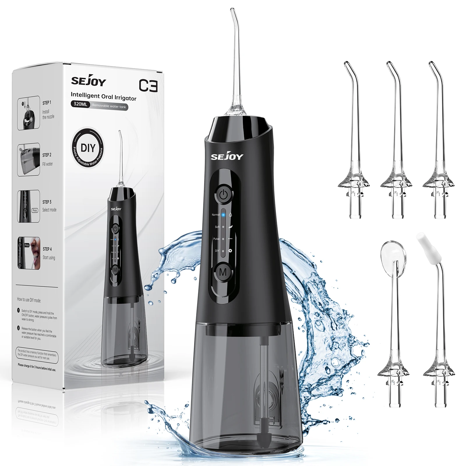 Sejoy Munddusche, wiederaufladbar, 4 Modi, elektrischer Wasserflosser, tragbar, 5 Düsen, 320ml Tank, für Zuhause & Reisen, für Kieferorthopädie und empfindliches Zahnfleisch.