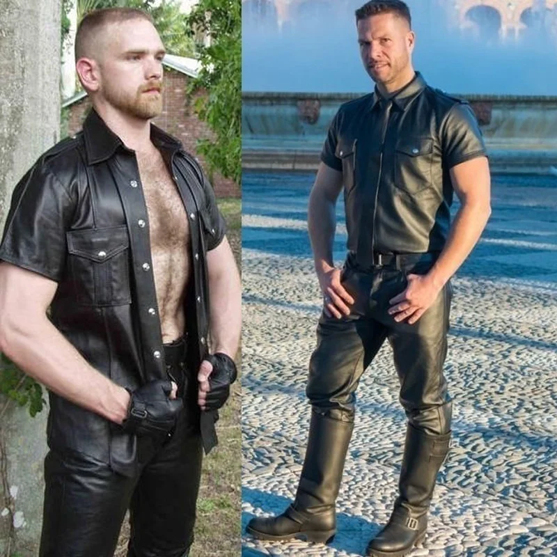 Wetlook Black Leather Shirts for Men Policeman Costumes PU Leather Male COP Uniform Sexy Tops