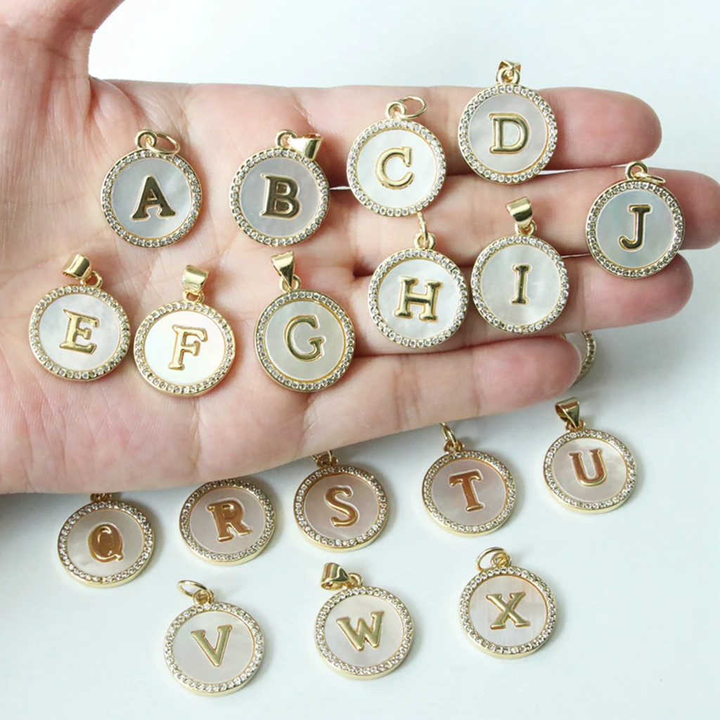 10pcs/17mm Round White Shell  Alphabet Charms Capital Letter Beads Initial Pendants For DIY Bracelet Necklace Jewelry Making
