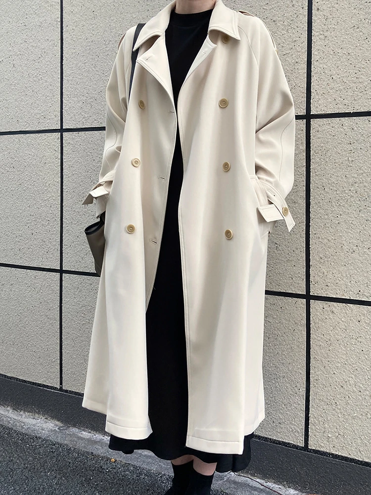 [EAM] Women Red Brief Belted Big Size Long Trench New Lapel Long Sleeve Windbreaker Fashion Tide Spring Autumn 2024 1DH6661