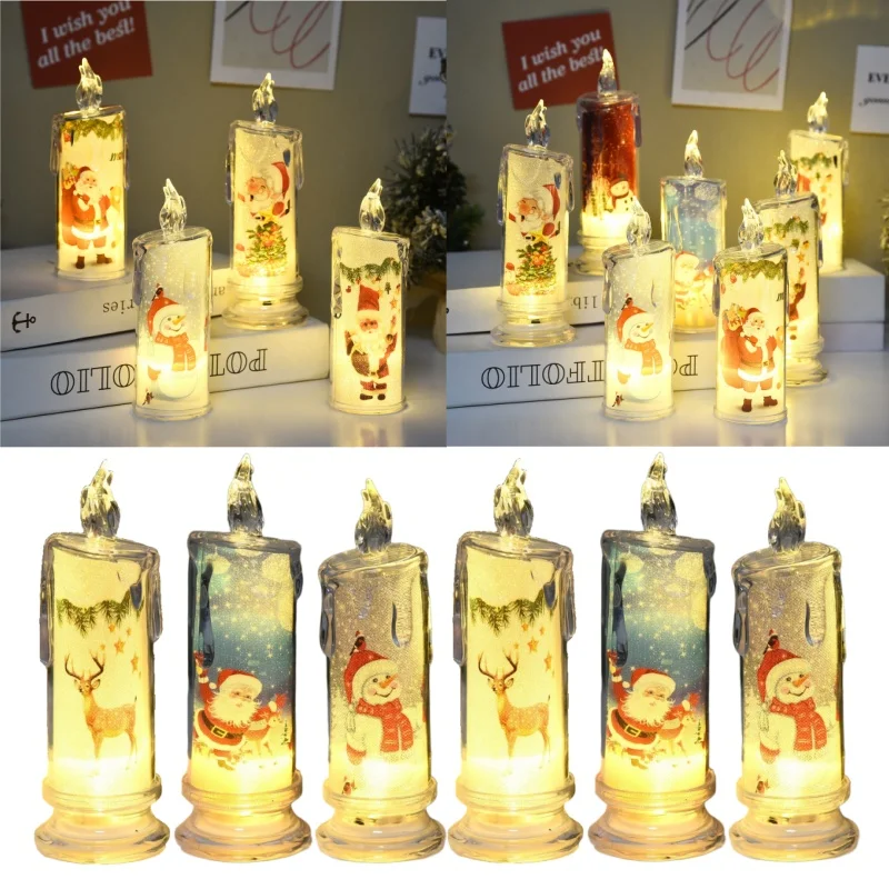 

Светодиодная рождественская лампа-свеча на батарейках, безопасный беспламенный свет с праздничными узорами для праздничного декора стола