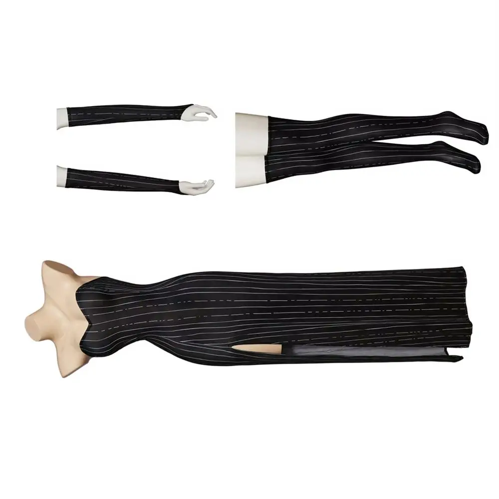 

TV Cosplay Jack Costume Women Sexy Striped Strapless High Slit Slim Dress with Knee Socks Halloween Carnival Skeleton Gown