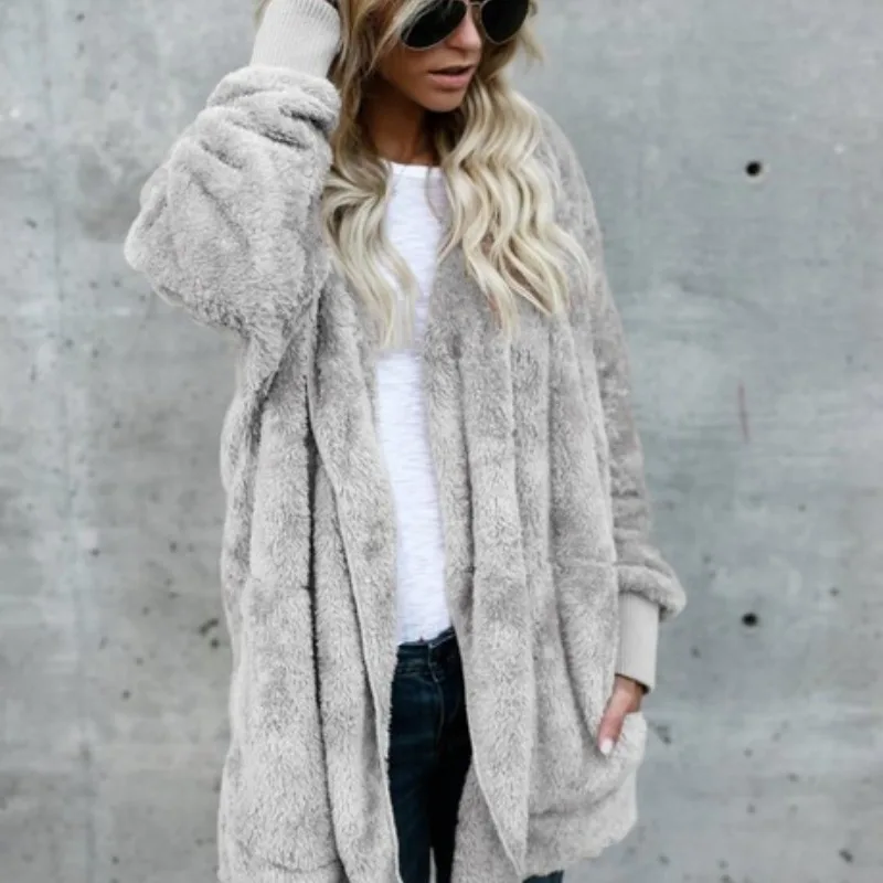 Women\'s Fashion Autumn Winter Plush Warm Coat Medium Long Double Sided Plush Tops Pockets Casual Elegant Loose Female Clothing