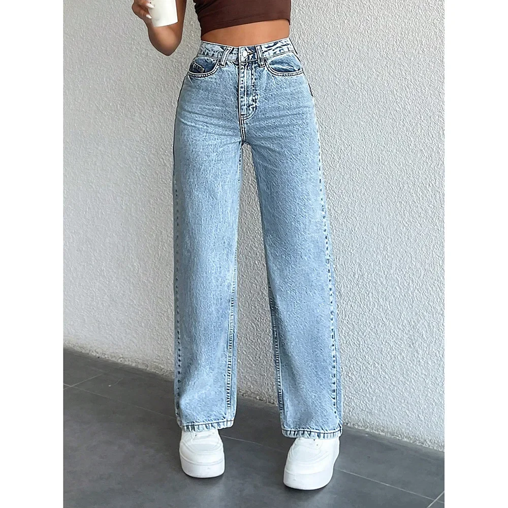 

Модные свободные прямые джинсы в уличном стиле, летняя новинка, универсальные трендовые длинные брюки для женщин со средней талией