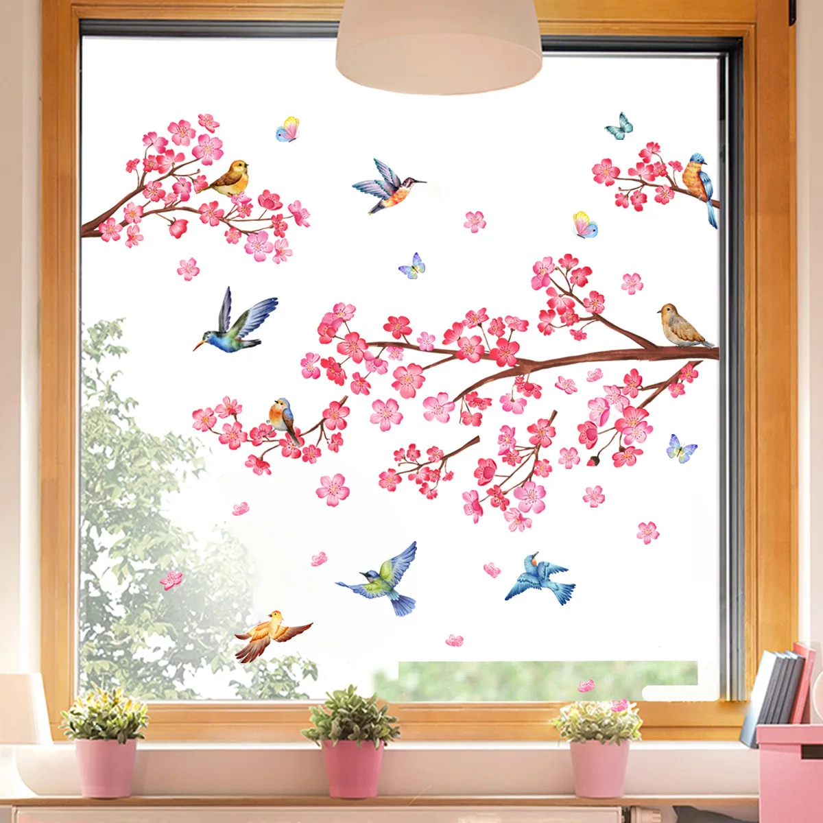 

30*90cm Branch Peach Blossom Bird Electrostatic Glass Sticker Living Room Window Decorative Sticker Double-sided Visible Ct053