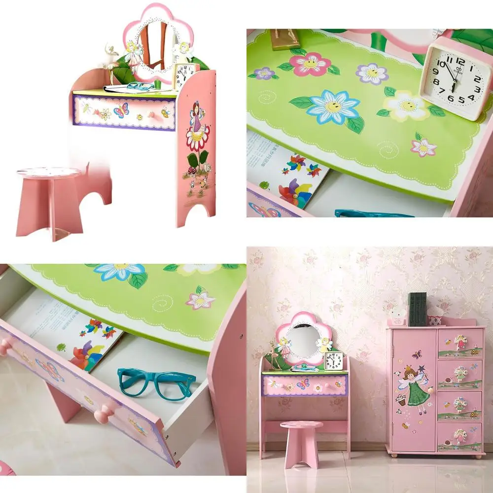

Children's Wooden Makeup Vanity Set with Mirror, Stool, and Drawer for Toddlers and Girls
