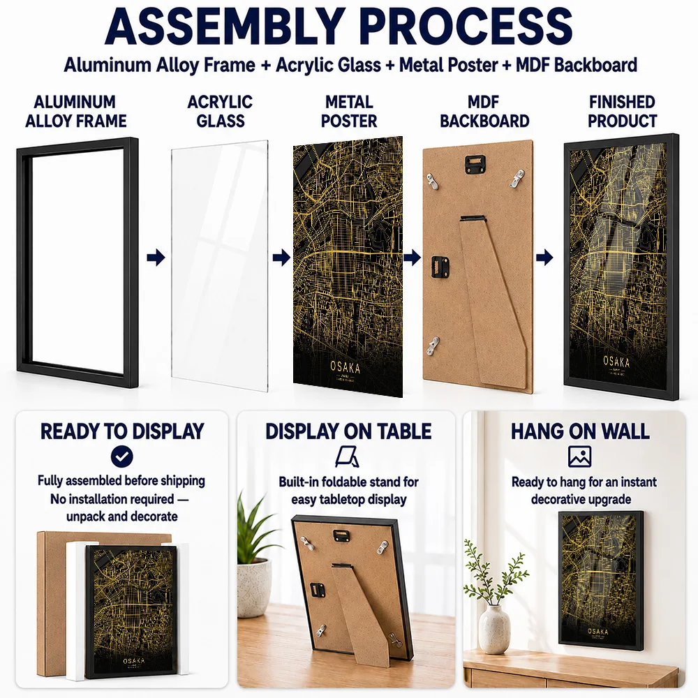 Golden Osaka City Map Metal Poster With Aluminum Alloy Frame Personalized Photo Classic Transit Style Wall Art For Living Room