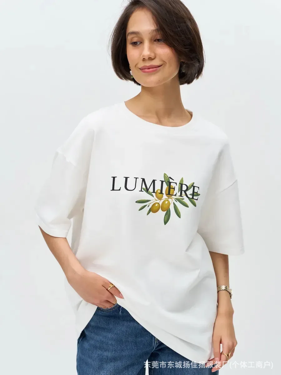 Sweet Fashion French LUMIÈRE Olive Branch Front Chest Print Oversized White 100% Cotton Minimal Summer T Shirt Preppy Campus Top