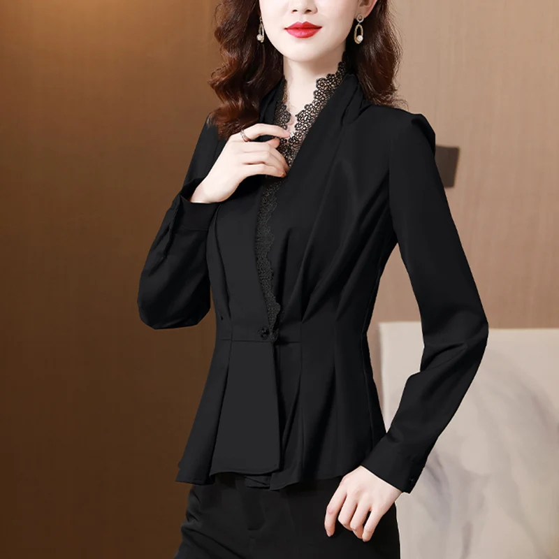 Mom Short Shirt Coat Women's Blouse Long-Sleeved Spring New Lace V-Neck Shirt Outwear Female Casual Elegant Office Overcoat 4XL