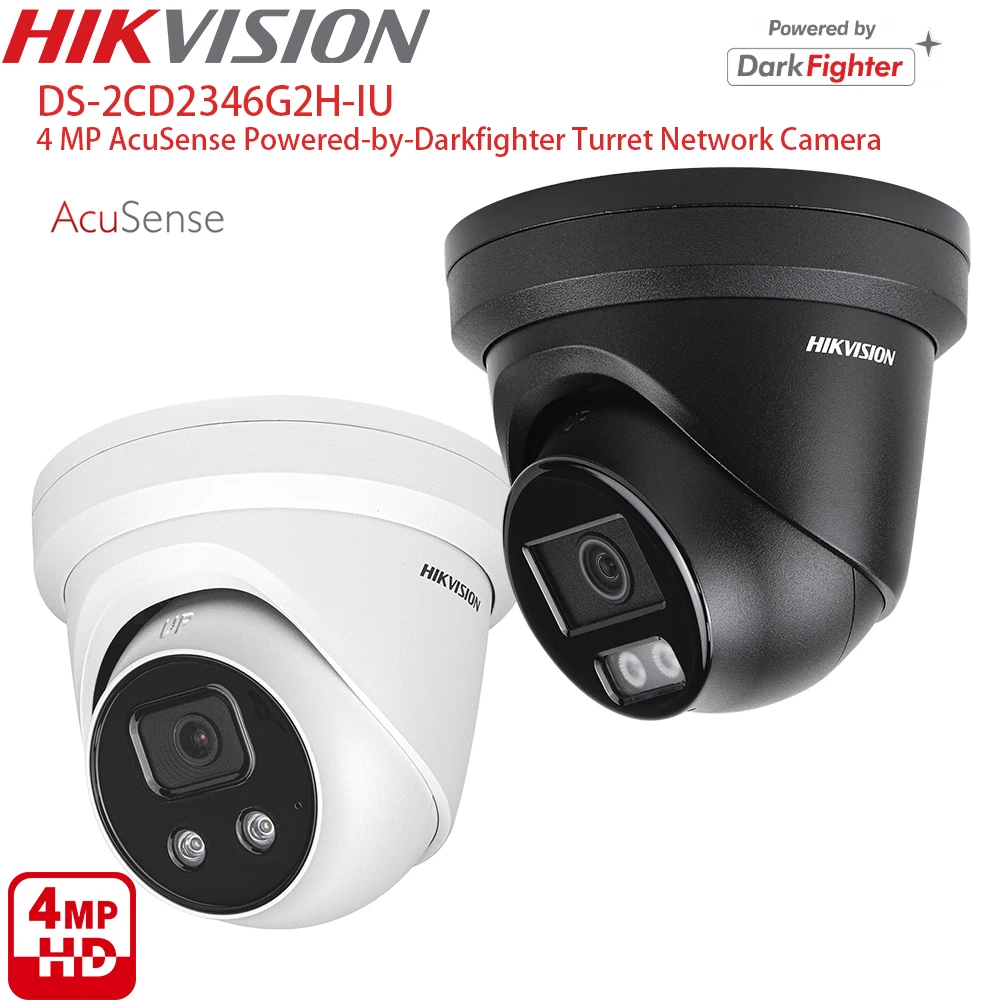 Hikvision AcuSense DarkFighter IP Camera DS-2CD2346G2H-IU 4MP Turret Network Camera Built-in MIC H265+ 120dB WDR Black White
