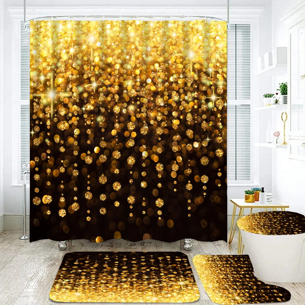 

3D Golden Spangled Shower Curtains Sparkling Shining Printing Bath Curtains Set Non-slip Bath Mats Pedestal Rug Toilet Seat Cove