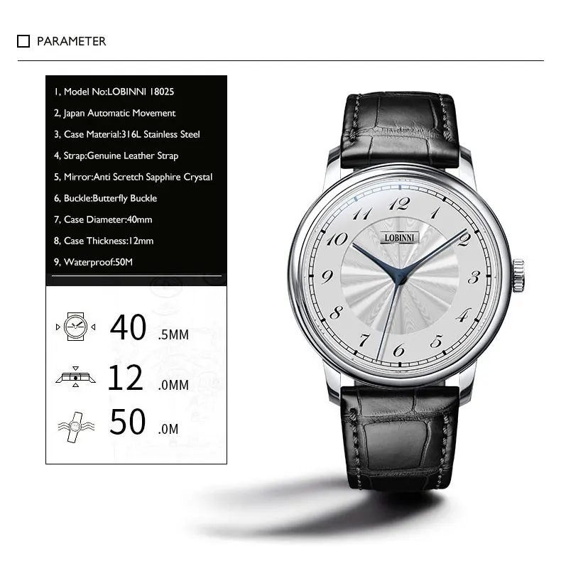 LOBINNI Heren Automatische Horloges Mode 40MM Mannen Horloge Luxe Mechanisch Horloge 50M Waterdicht Saffier Vlindersluiting