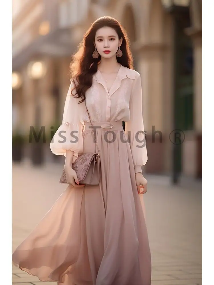 Winter Fairy Elegant Two Piece Set Women Pink Solid Party Midi Skirt Suit Female Casual Korean Fashion French Vintage Set 2023