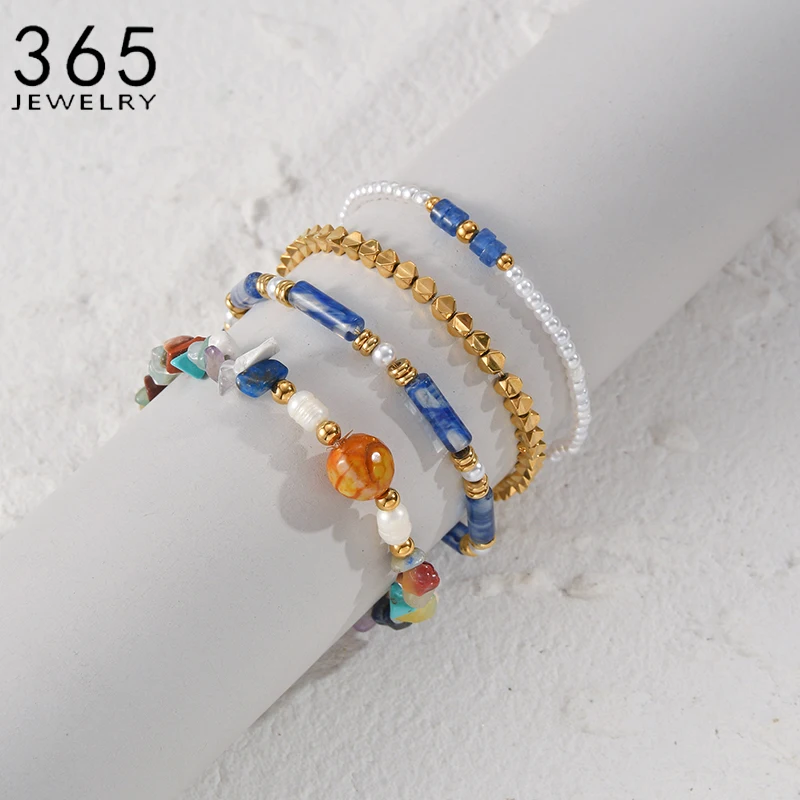 French Style Blue Series Irregular Colorful Beaded  Stainless Steel Stacking Bracelets for Women Friends Birthday Party Gift