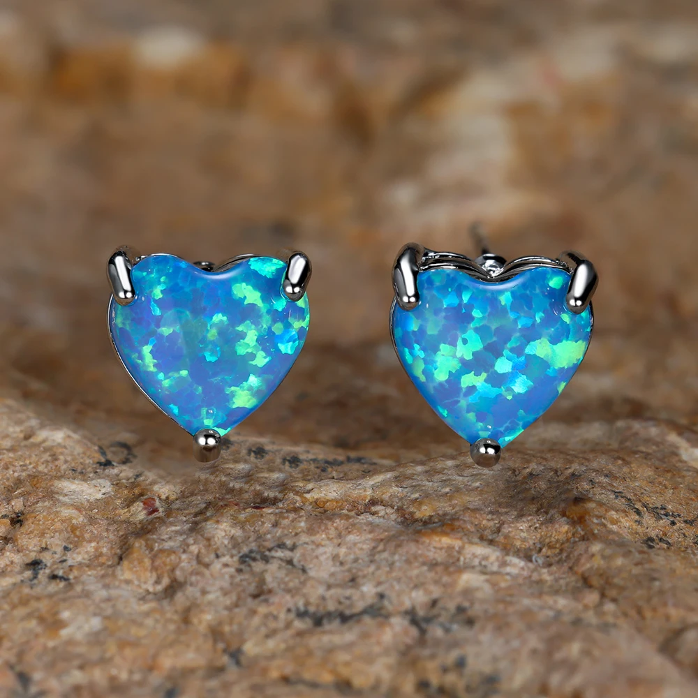 قوس قزح الأزرق الأبيض النار أوبال أقراط للنساء فضية اللون الزفاف القلب قرط الاذن المرصع الزفاف المشاركة حفلة عيد ميلاد مجوهرات