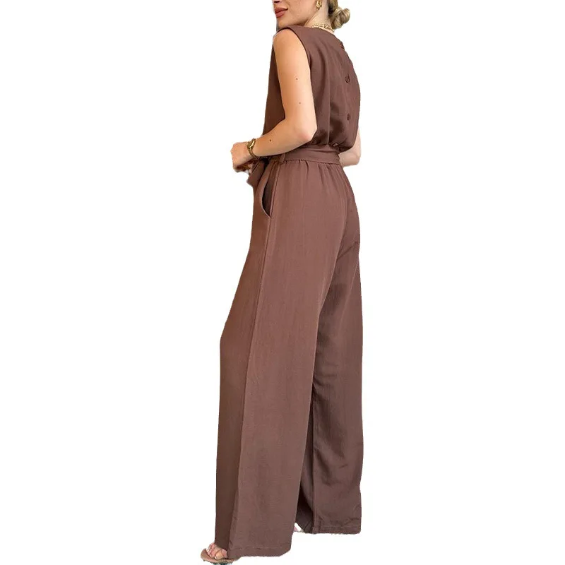 Women Tracksuit Two Pieces Pant Sets Sleeveless Tops Pockets Wide Leg Pants Ankle Length Sashes Loose High Street Solid