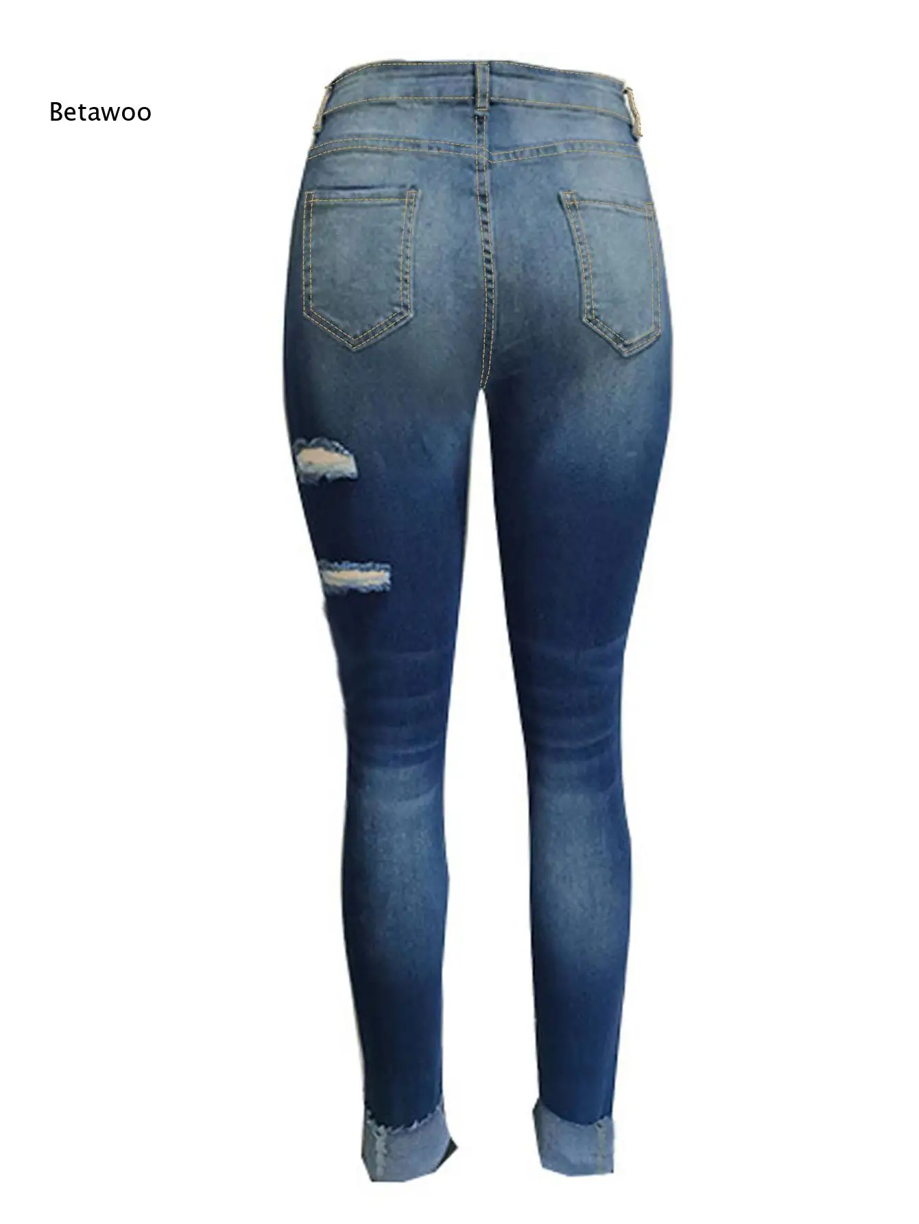 Stretch High Waist Distressed Skinny Jeans Multi Ripped Destroyed Knee Frayed Roll Cuff Hem Women Casual Denim Pants