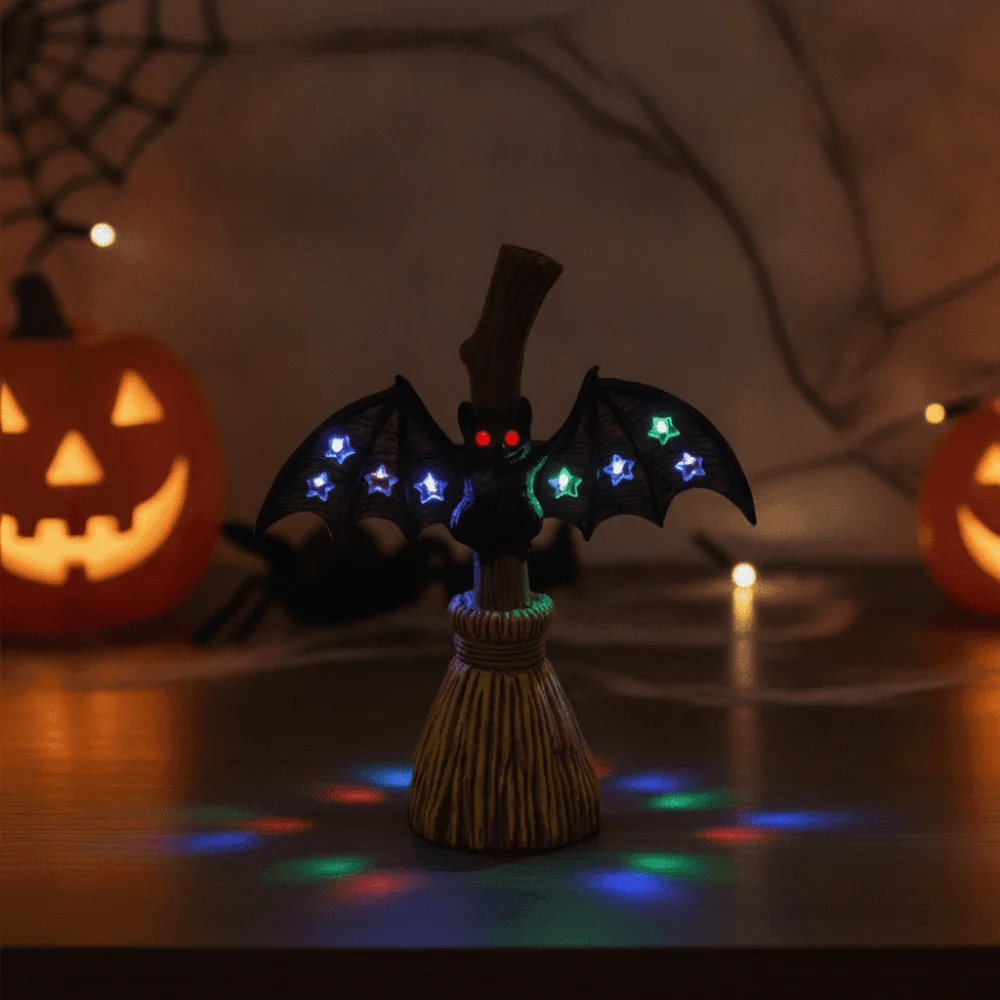 Resin Made Bat Broom Light Double Wings Button Cells Battery Power Spooky Desk Lamp Lightweight Fine Texture