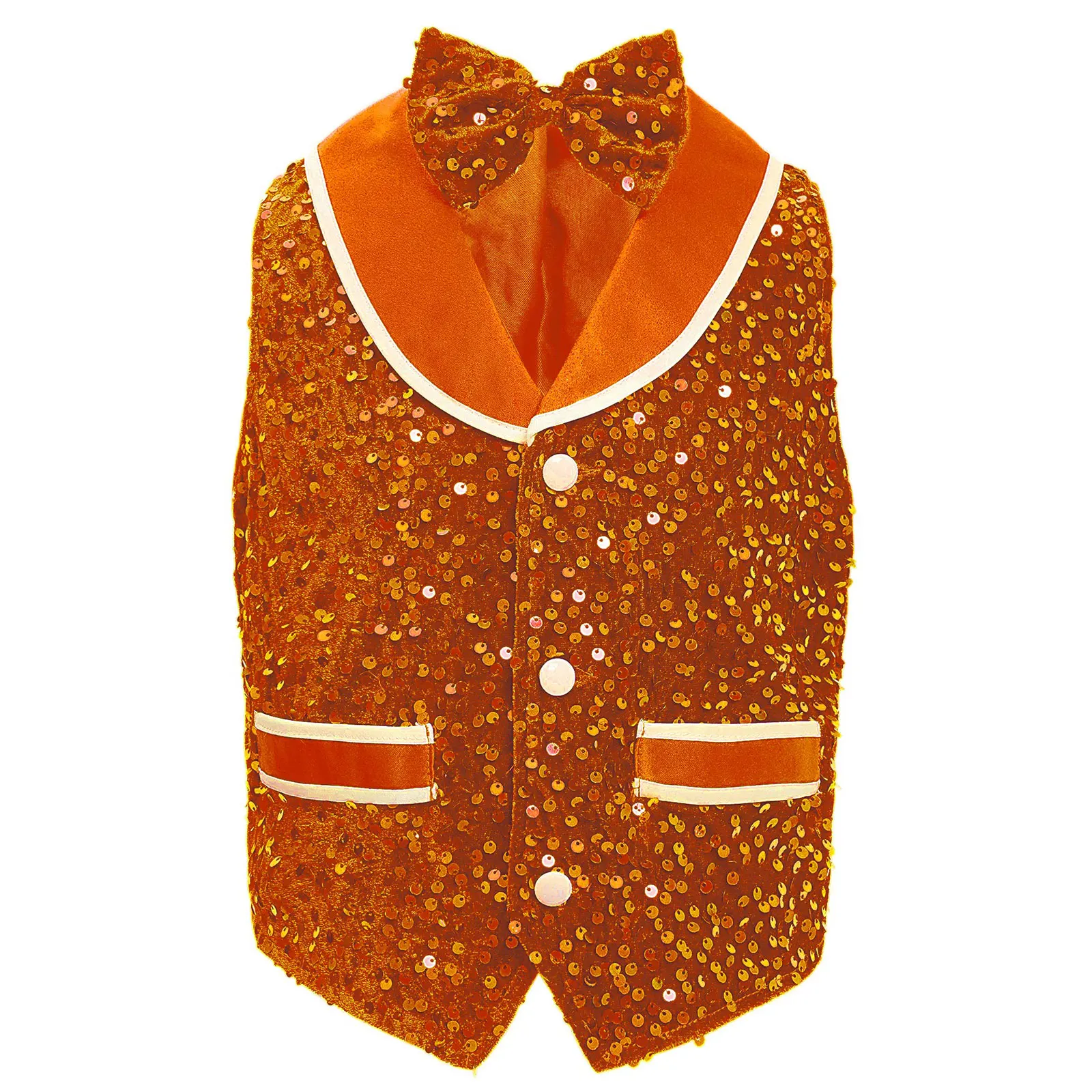 Kids Boys Girls Retro Disco Jazz Dance Performance Outifit Gentleman Sparkling Sequins Velvet Vest Buttons Waistcoat+Bowtie+Hat