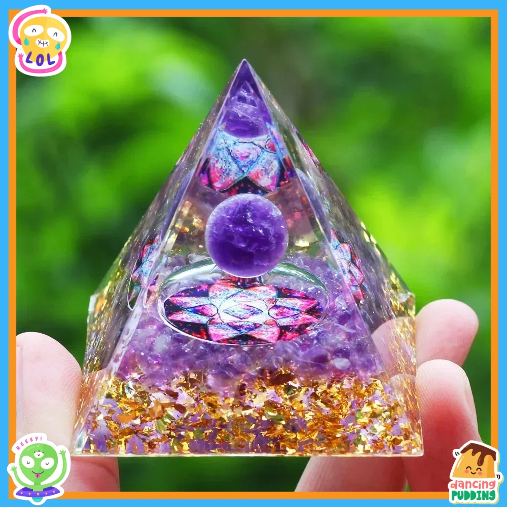 NEW 5cm Energy Pyramid Orgonite Reiki Natural Amethyst Ball Healing Crystals Chakra Tool Ornaments Resin Stones Craft Kids Gift