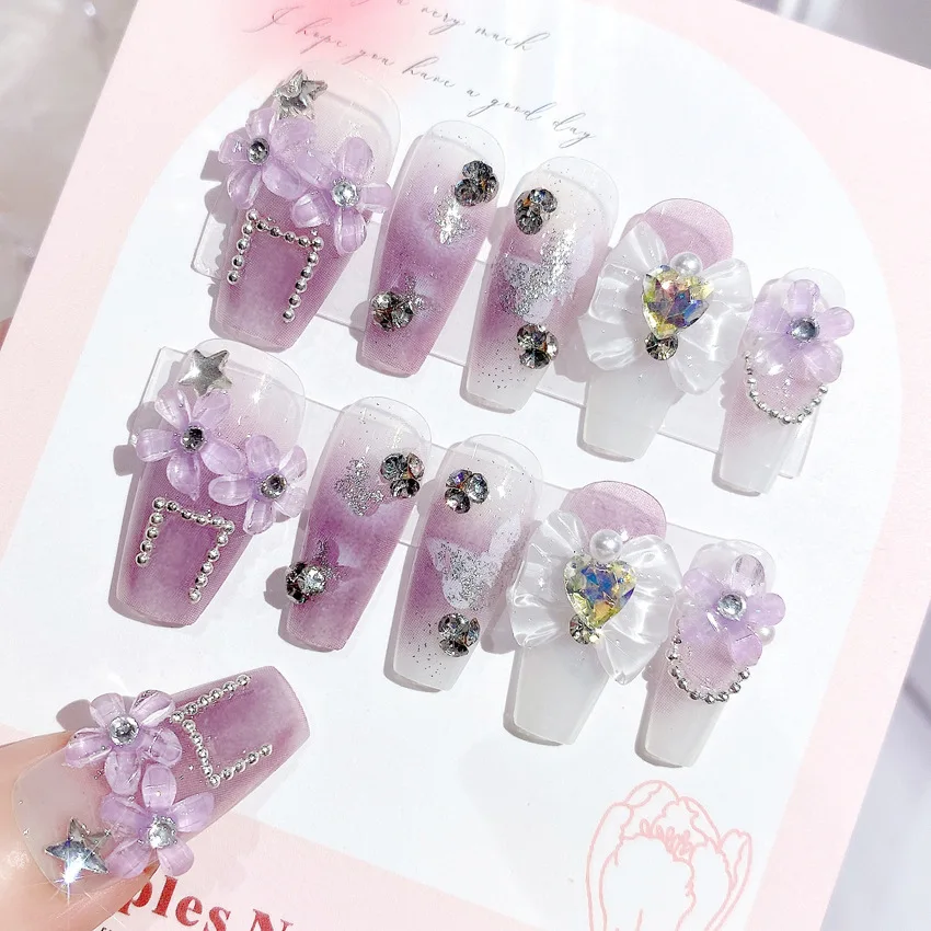 24Pcs/box Purple Gradient Bloom Fake Nails Long Coffin Kawaii Glitter Diamond Press On Nail Tips With AB Crystal Bow Purple Tips