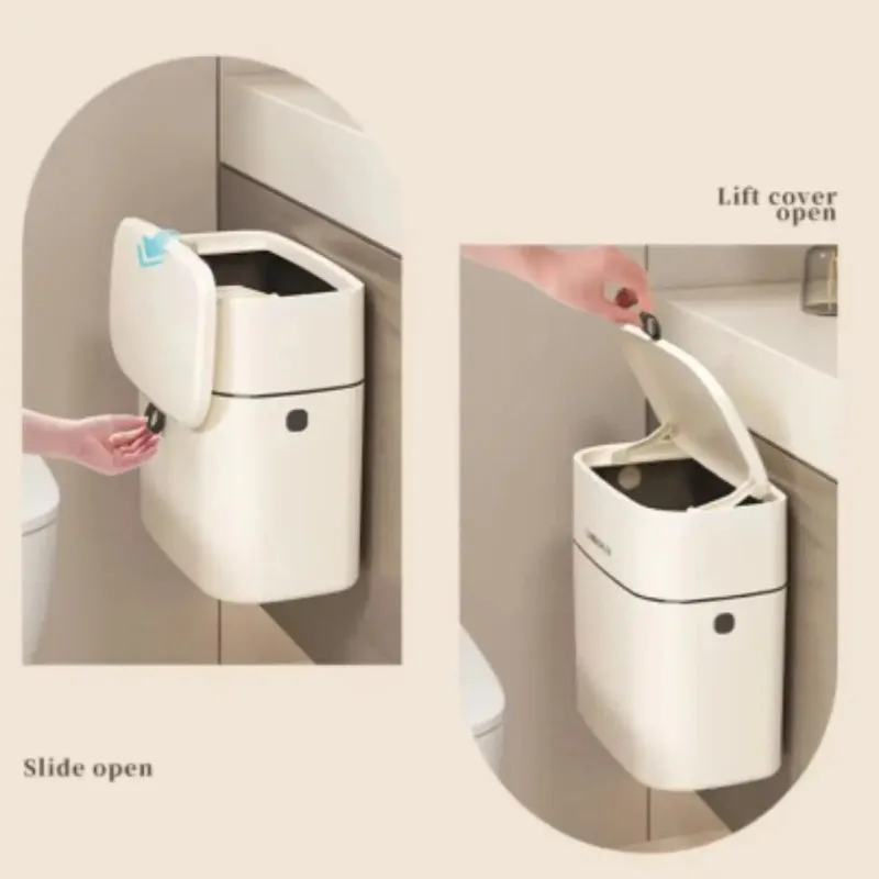 Kitchen Hanging Garbage Bin, Household Cream White Seamless Sticker Cabinet, Garbage Basket With Lid, Household Wall Hanging image 2
