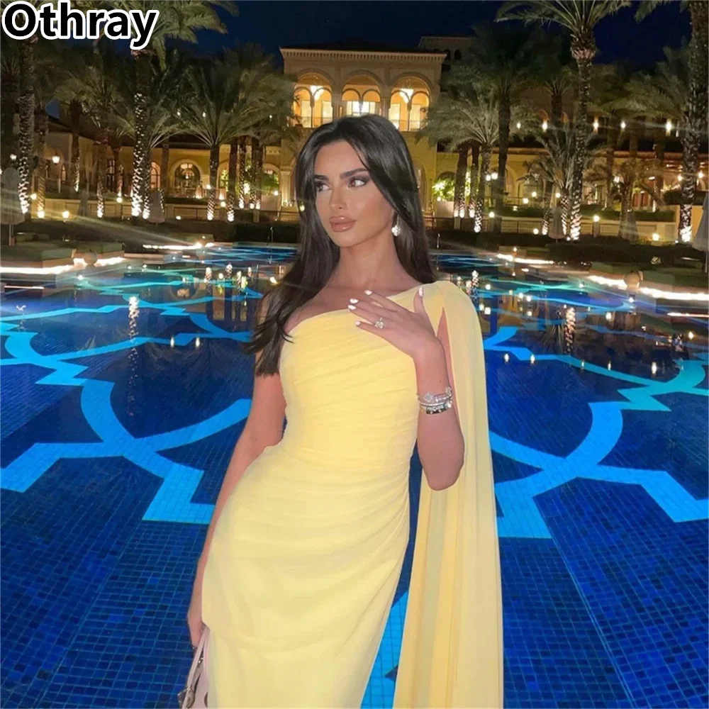 Othray Yellow Elegant Evening Dress One-shoulder Sheath Fold Chiffon Arabic Women Formal Prom Gowns Dubai Party فساتين سهره فاخر