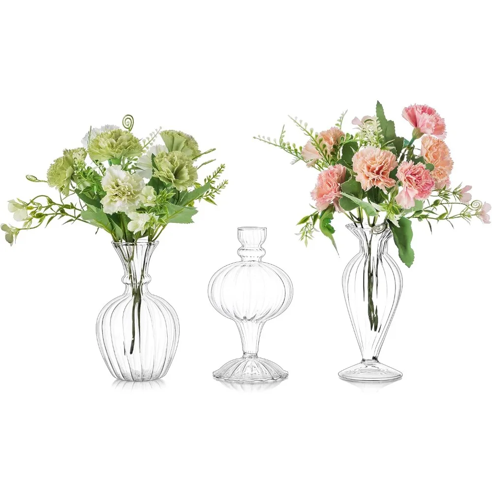 

Glass Small Bud Vases: Ribbed Clear Vase Set of 3 Modern Mini Vases for Centerpieces Flower Vase Decorative Vases for Flowers