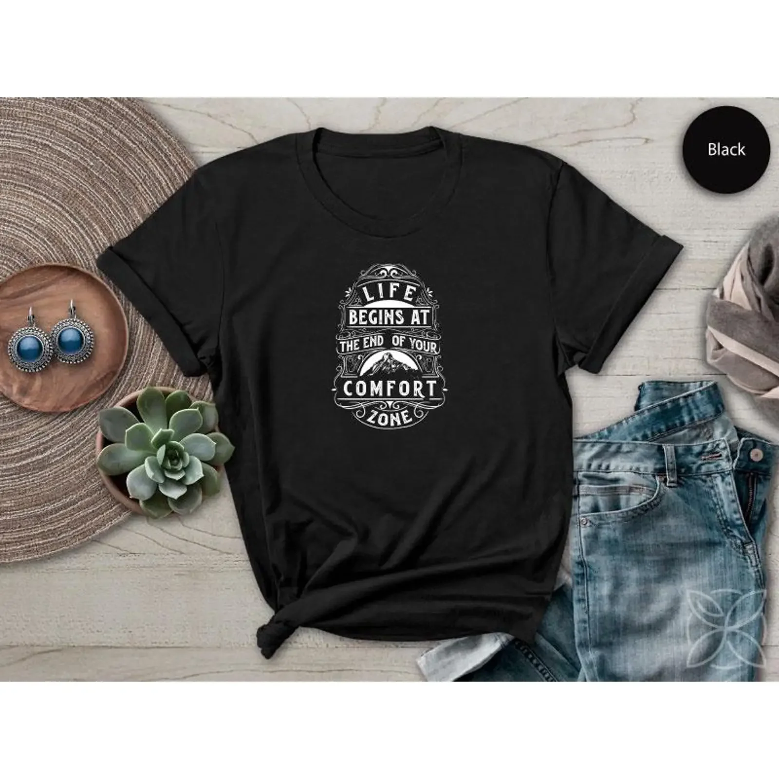 Life Begins At The End Of Your Comfort Zone T Shirt Motivational Quote Vintage Mountains vintage Washed Soft Breathable
