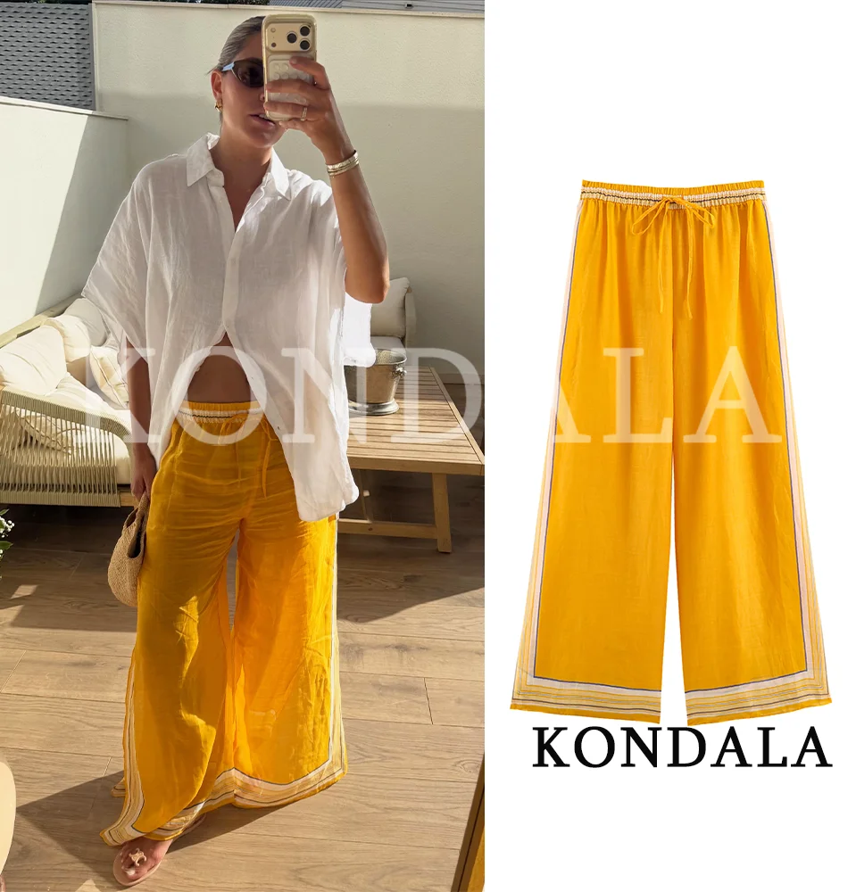 KONDALA Women Holiday Casual Wide Leg Pants 2026 Summer Trendy Elegant Side Striped Trousers Drawstring Elastic Waist Long Pants