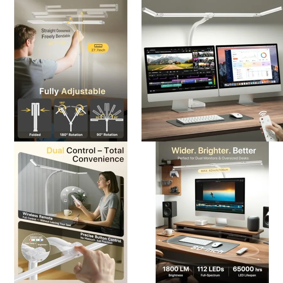 

42" LED Desk Lamp for Home Office, Eye-Caring Desk Light with Adjustable 4-Segment Bar, 1800LM Bright, Remote, Architect Table
