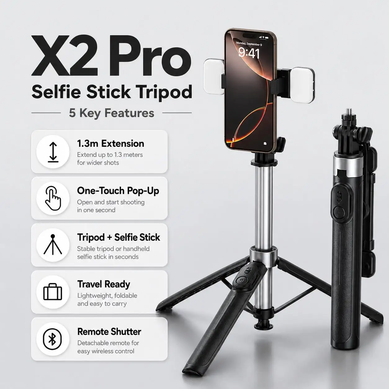 

X2 Pro 1.3m Selfie Stick Tripod 1.3m Extendable with Anti-Shake, Remote & Universal Mount for Travel & Live