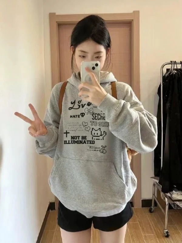 

American Sle ey Hoodie Women's Oversize Design Sense Autumn Winter New Arrival Long Sve Printed Comfortable Polyester