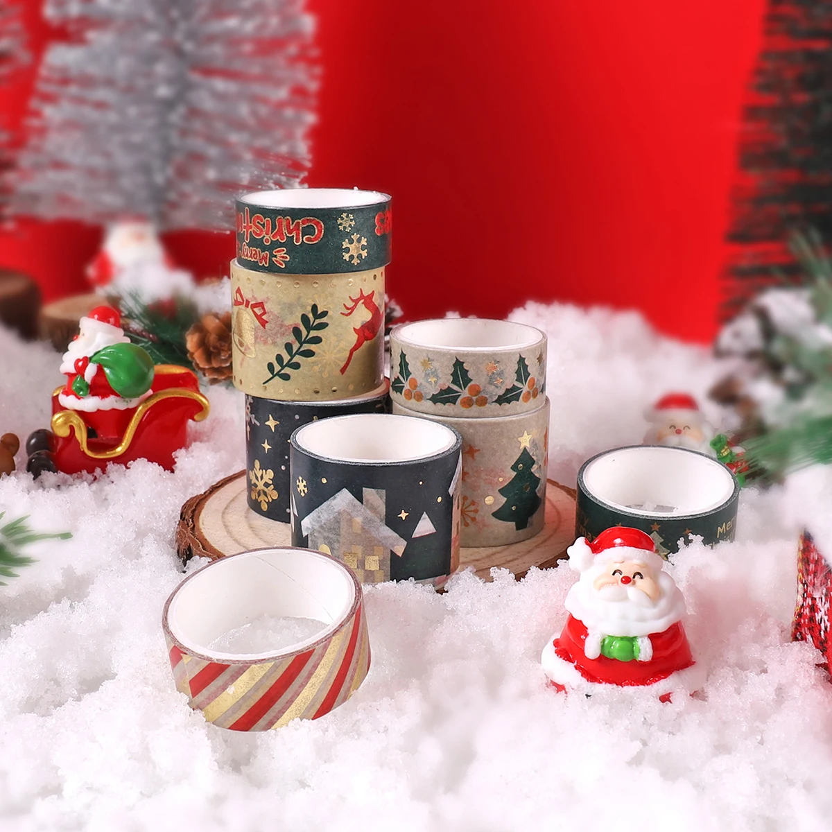 8 لفات/صندوق من شريط واشي منقوش لعيد الميلاد، مناسب لمواد تزيين حدود الألبوم بنفسك، مع عملية الختم الساخن.