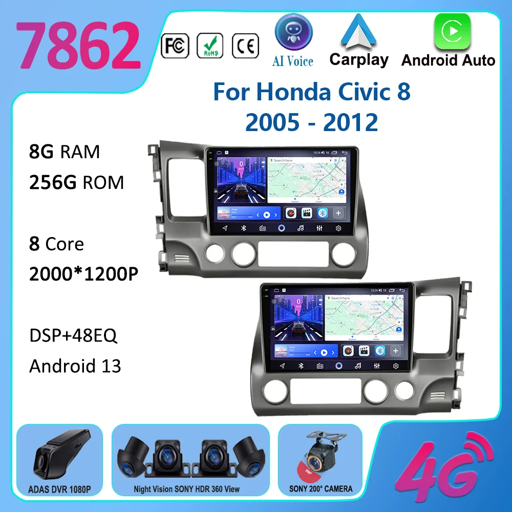 

10" Android Carplay Car Stereo Radio For Honda Civic 8 2005 - 2012 Multimedia Player Navigation GPS No 2 Din 4G WIFI Audio DVD