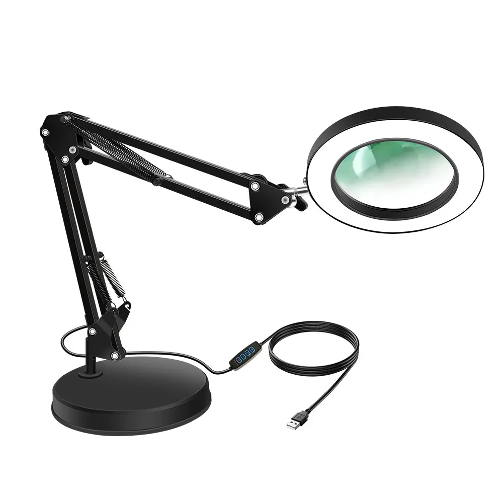 10X Magnification Desk Lamp with LED Lights and USB Power - Foldable Magnifying Glass for Reading Repair and Soldering Work