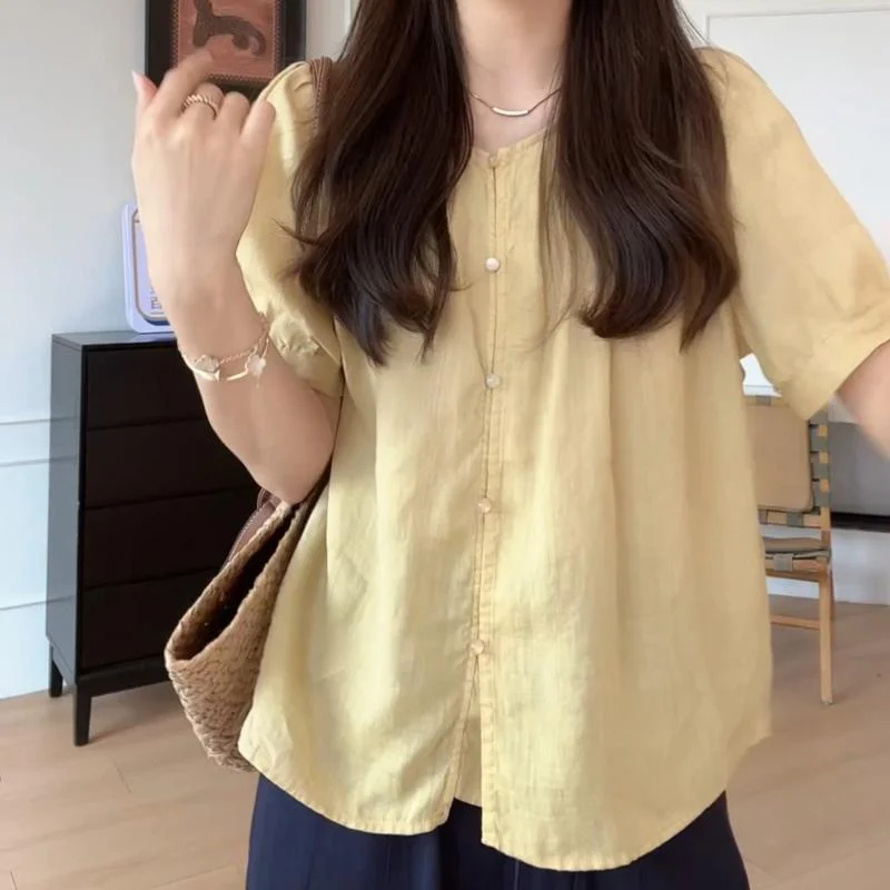 

plus Size Women's Slimming Shirt round Neck Short Sleeve Bead Button up Top Age Defying Meat Concealing Spring Summer New Style