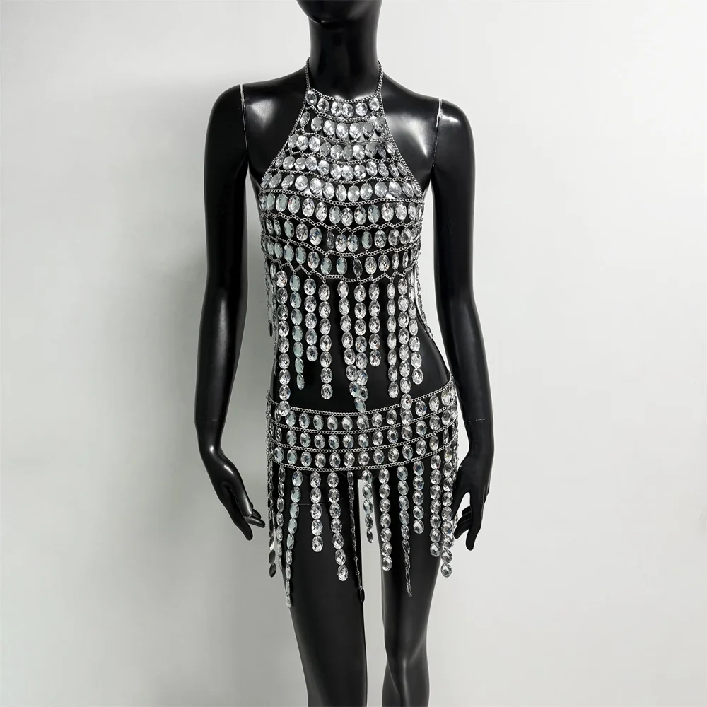 Silver Crystal Fringe 2 Piece Set Women Sexy Halter Crop Top and Mini Skirt for Festival Rave Party Clubwear Y2K Fashion - view 4