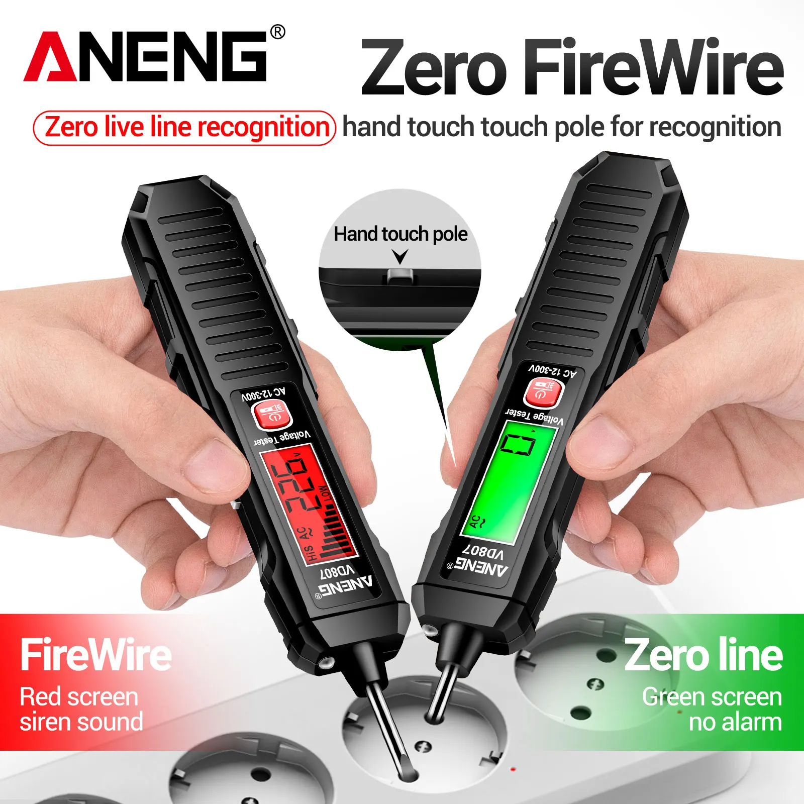 ANENG VD807 Intelligenter NCV-Spannungsprüfer mit Taschenlampe, AC 12-300V, berührungslos, LCD-Anzeige, akustischer Alarm, sicherer elektrischer Prüfstift