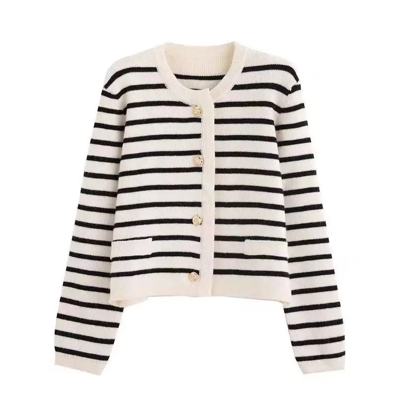 

Gold button Sweaters contrasting striped round neck small fragrant knitted women autumn French loose short outer jacket Cardigan