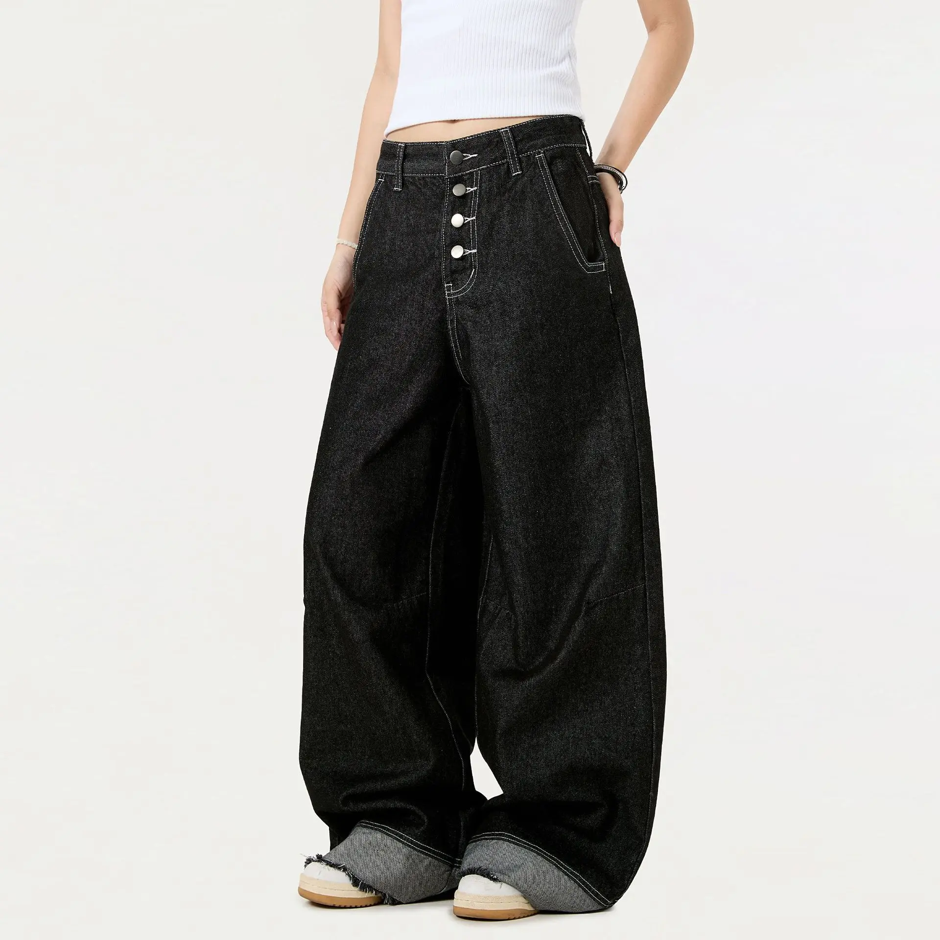 OR FL Women's American Retro Color lashing MAO Bian Design Sense Staraight Jeans Trendy Brand Baggy Wide Leg Pants Trousers Y2k