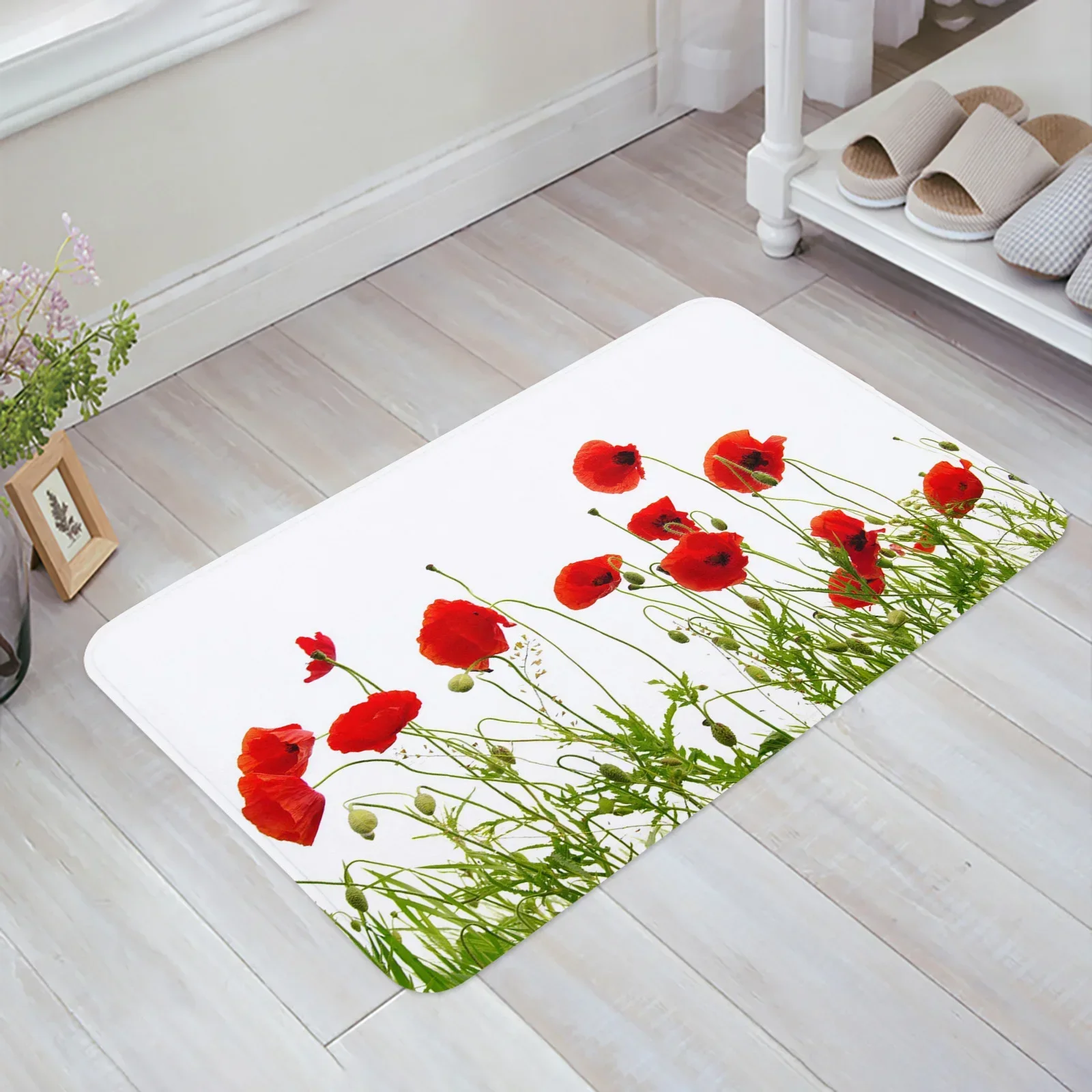 Poppy Field Red Flowers White Floor Mat Kitchen Bedroom Decor Carpet Home Hallway Entrance Doormat Bathroom Door Foot Rug