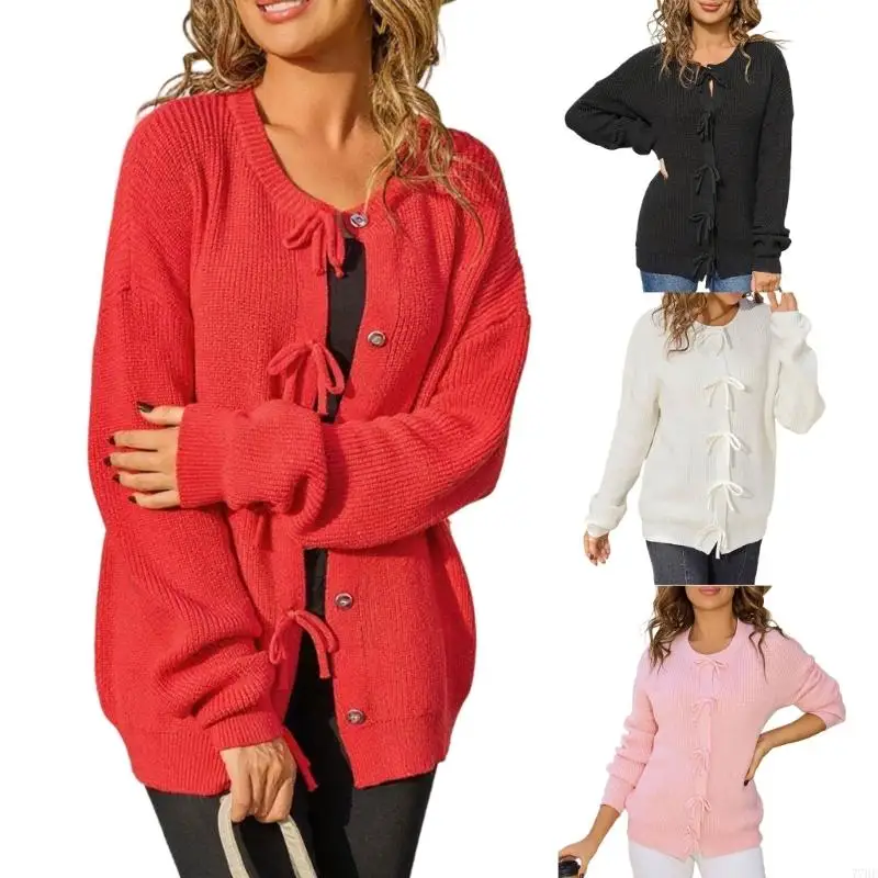 

77HE вязаный свитер с круглым вырезом и пуговицами с узлом и длинными рукавами для женщин, мягкая зимняя повседневная офисная