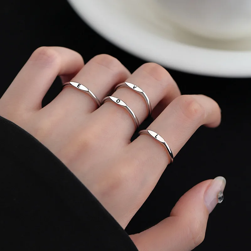 Fashion 925 Sterling Silver English Alphabet Ring Simple Style Personalized Name Initial Ring Birthday Gift Women's Fine Jewelry