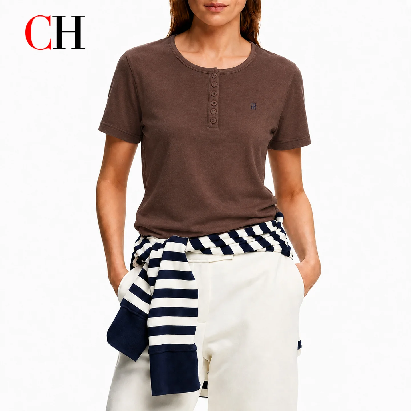 CH Women Vintage Henley T-Shirt Short Sleeve Button Front Crew Neck Casual Slim Fit Basic Tee Summer Tops