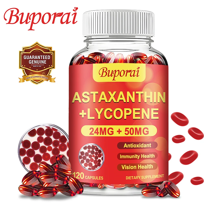 

Astaxanthin + Lycopene Capsules - Supports Heart, Joint and Eye Health, Promotes Blood Circulation, Boosts Immunity, Vegan