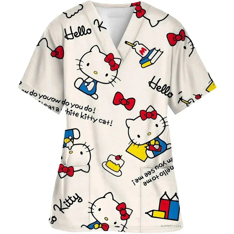 الكرتون اللون حجب مرحبا كيتي مطبوعة ممرضة الدعك المرأة ممرضة موحدة الخامس الرقبة عيادة موحدة مستشفى سبا تي شيرت