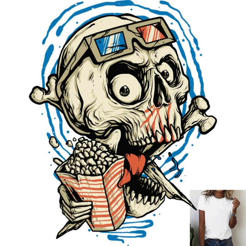 Cool Skull Watching Movie Heat Transfer White Ink Iron - on Patch, Trendy Versatile for T - shirts & Clothing, Casual Party